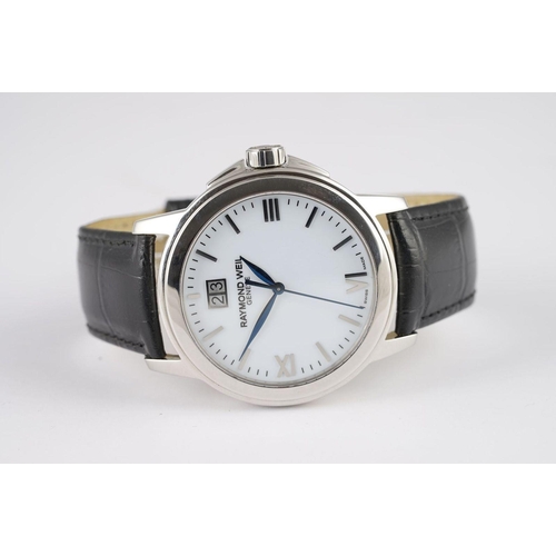 160 - GENTLEMENS RAYMOND WEIL DATE WRISTWATCH, circular white dial with applied silver hour markers and ha... 