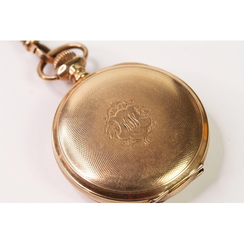 179 - WALTHAM WATCH CO GOLD POCKET WATCH WITH CHAIN, circular white dial with roman numeral hour markers, ... 