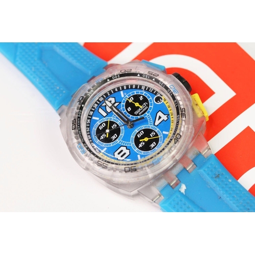 180 - SWATCH QUARTZ CHRONOGRAPH WRIST WATCH WITH BOOKLETS, circular blue dial with baton and arabic numera... 