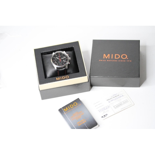 30 - MIDO MULTIFORT CHRONOGRAPH QUARTZ BOX AND PAPERS 2011, circular black dial with three subsidiary dia... 