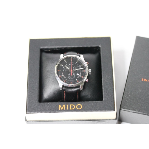 30 - MIDO MULTIFORT CHRONOGRAPH QUARTZ BOX AND PAPERS 2011, circular black dial with three subsidiary dia... 