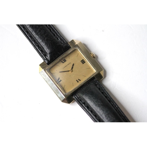 36 - VINTAGE LONGINES GOLD FILLED WRIST WATCH, rectangular champagne dial with roman and baton hour marke... 