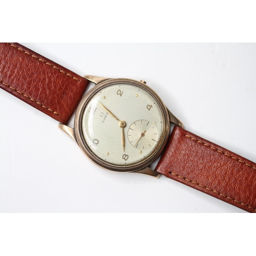 50 - VINTAGE 9CT OMEGA 30T2 WITH BOX circa 1940s, circular dial, Arabic and dot hour markers, subsidiary ... 