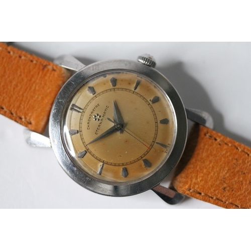 52 - VINTAGE ETERNA-MATIC CHRONOMETER WITH ART DECO CASE CIRCA 1950S,  domed patina dial with block hour ... 
