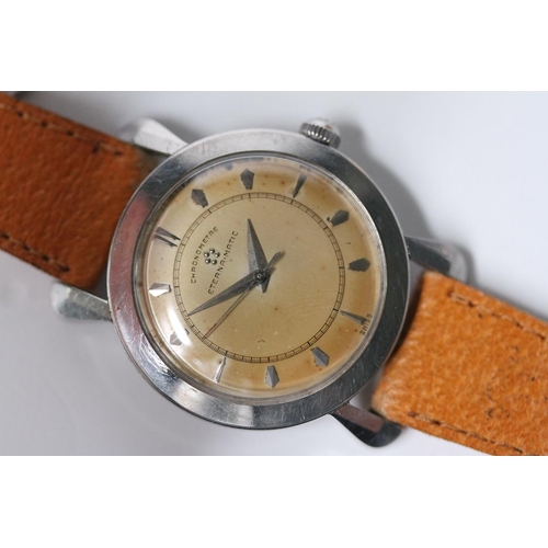 52 - VINTAGE ETERNA-MATIC CHRONOMETER WITH ART DECO CASE CIRCA 1950S,  domed patina dial with block hour ... 