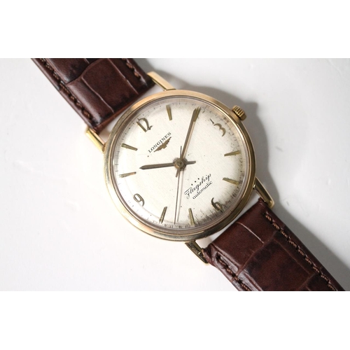 59 - VINTAGE 9CT LONGINES FLAGSHIP AUTOMATIC REFERENCE 3403, circular silver dial with baton and arabic n... 