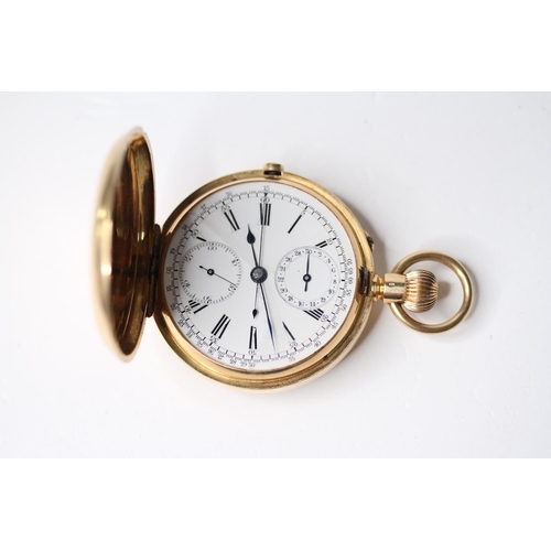 67 - VINTAGE 18CT POCKET WATCH CHRONOGRAPH, circular white dial with roman numeral hour markers, two subs... 