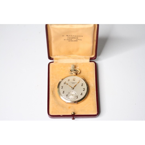 7 - RARE 9CT C.BUCHERER'S ROLEX POCKET WATCH WITH BOX, circular silver dial with Art Deco arabic numeral... 