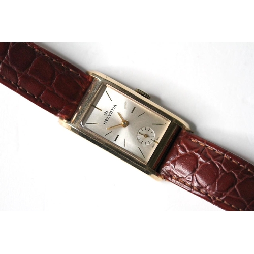 86 - VINTAGE 9CT HELVETIA MANUAL WIND WATCH, rectangular sunburst silver dial with baton hour markers, su... 