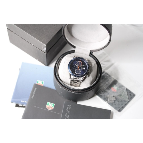 9 - TAG HEUER CARRERA CHRONOGRAPH BOX AND PAPERS 2006, circular sunburst blue dial with baton hour marke... 