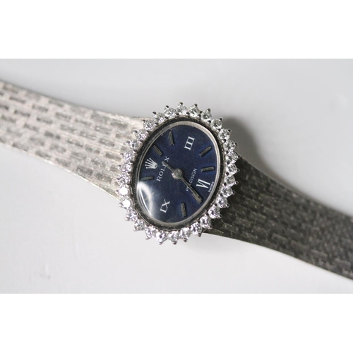97 - LADIES 18CT ROLEX PRECISION DIAMOND BEZEL CIRCA 1960s, oval blue dial with baton and roman numeral h... 