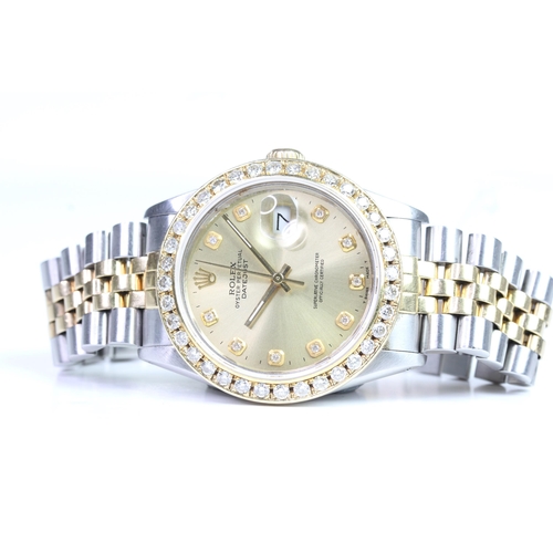 21 - ROLEX DATEJUST STEEL AND GOLD DIAMOND DOT DIAL REFERENCE 16013, circular champagne dial with diamond... 