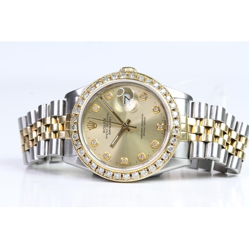 21 - ROLEX DATEJUST STEEL AND GOLD DIAMOND DOT DIAL REFERENCE 16013, circular champagne dial with diamond... 