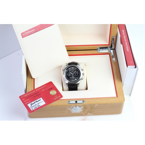 32 - UNWORN OMEGA DE VILLE CHRONOSCOPE CO-AXIAL RATTAPANTE WITH BOX AND PAPERS, STICKERED,  black dial, s... 
