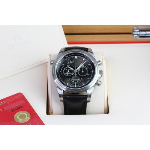 32 - UNWORN OMEGA DE VILLE CHRONOSCOPE CO-AXIAL RATTAPANTE WITH BOX AND PAPERS, STICKERED,  black dial, s... 