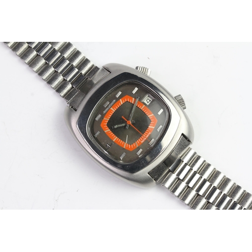 43 - VINTAGE JAEGER LE-COULTRE MEMOVOX AUTOMATIC E871, circular grey and orange dial with baton hour mark... 