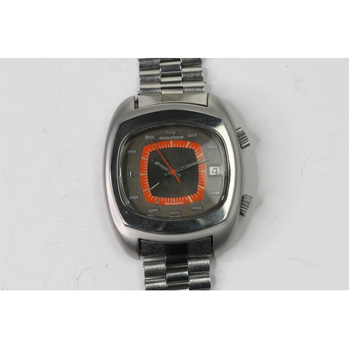 43 - VINTAGE JAEGER LE-COULTRE MEMOVOX AUTOMATIC E871, circular grey and orange dial with baton hour mark... 