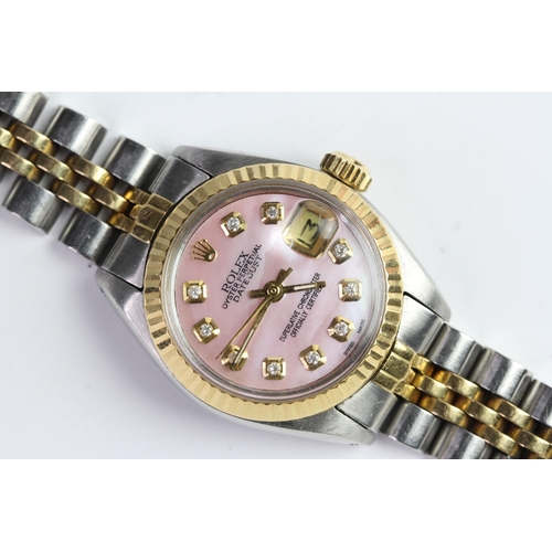 45 - ROLEX DATEJUST STEEL AND GOLD MOTHER OF PEARL DIAL 6917, circular aftermarket mother of pearl dial w... 