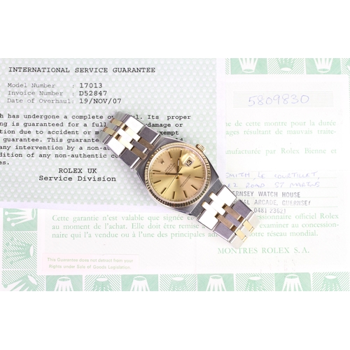 57 - ROLEX DATEJUST OYSTER QUARTZ REFERENCE 17013 CIRCA 1979/80 WITH PAPERS,  champagne dial with baton h... 