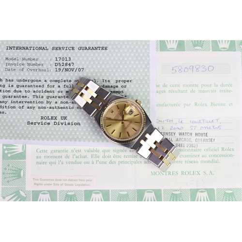 57 - ROLEX DATEJUST OYSTER QUARTZ REFERENCE 17013 CIRCA 1979/80 WITH PAPERS,  champagne dial with baton h... 