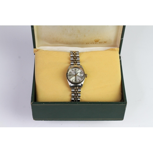 9 - LADIES ROLEX OYSTER PERPETUAL DATE 6917 WITH BOX, circular sunburst silver dial with baton hour mark... 