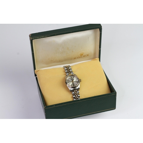 9 - LADIES ROLEX OYSTER PERPETUAL DATE 6917 WITH BOX, circular sunburst silver dial with baton hour mark... 