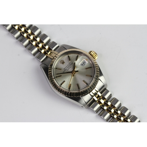 9 - LADIES ROLEX OYSTER PERPETUAL DATE 6917 WITH BOX, circular sunburst silver dial with baton hour mark... 