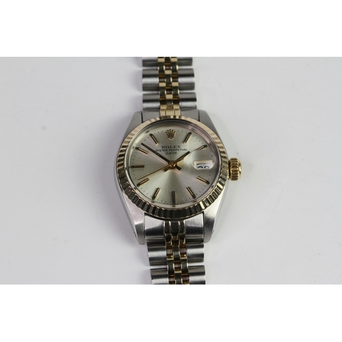 9 - LADIES ROLEX OYSTER PERPETUAL DATE 6917 WITH BOX, circular sunburst silver dial with baton hour mark... 