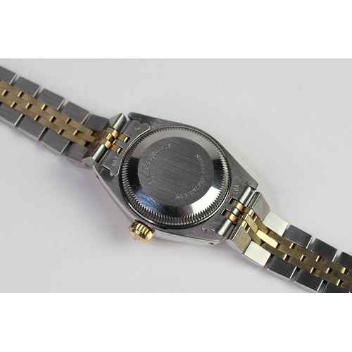 9 - LADIES ROLEX OYSTER PERPETUAL DATE 6917 WITH BOX, circular sunburst silver dial with baton hour mark... 