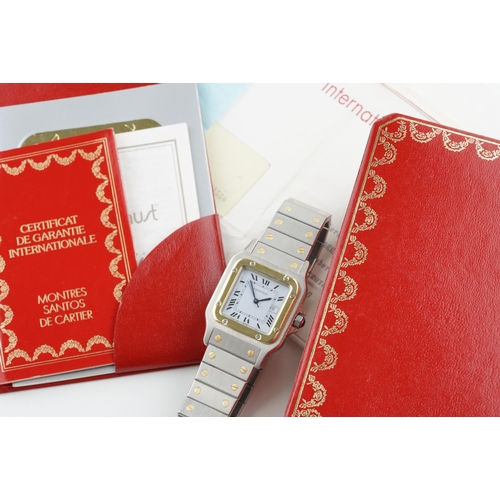 35 - CARTIER SANTOS STEEL & GOLD AUTOMATIC W/ BOX & GUARANTEE REF. 2961 CIRCA 1986, square white dial wit... 