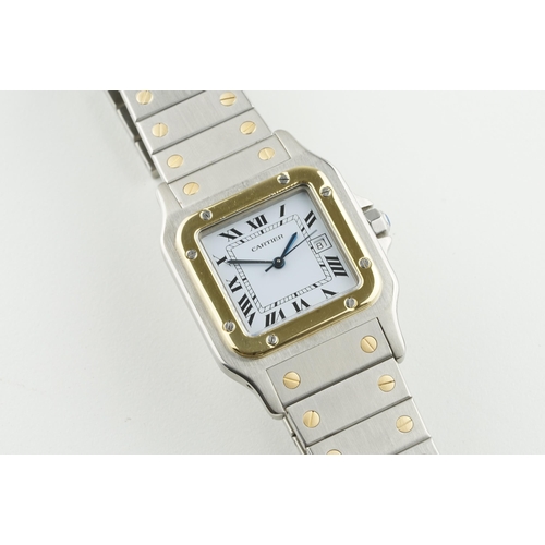 35 - CARTIER SANTOS STEEL & GOLD AUTOMATIC W/ BOX & GUARANTEE REF. 2961 CIRCA 1986, square white dial wit... 