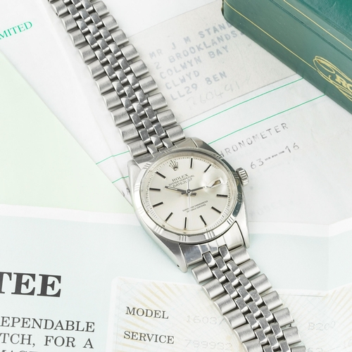 48 - ROLEX OYSTER PERPETUAL DATEJUST W/ BOX & SERVICE GUARANTEE PAPERS REF. 1603 CIRCA 1960S, circular si... 