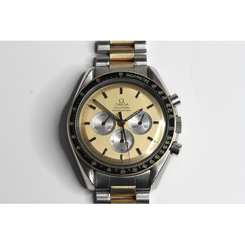 10 - OMEGA SPEEDMASTER PROFESSIONAL STEEL AND GOLD DD 145.022 CIRCA 1983, circular golden dial with baton... 