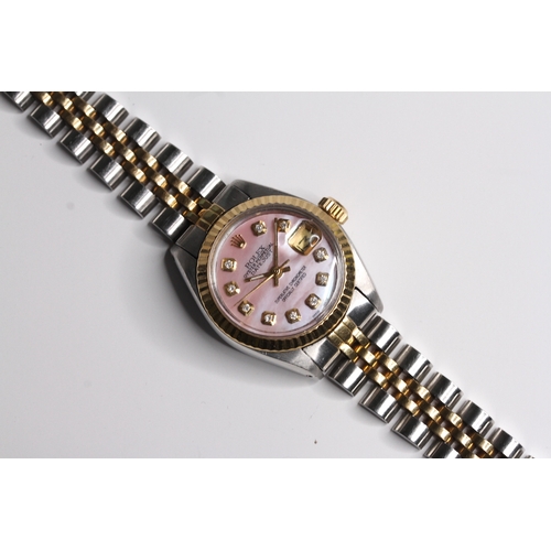 45 - ROLEX DATEJUST STEEL AND GOLD MOTHER OF PEARL DIAL 6917, circular aftermarket mother of pearl dial w... 