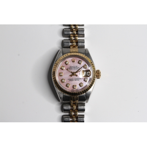 45 - ROLEX DATEJUST STEEL AND GOLD MOTHER OF PEARL DIAL 6917, circular aftermarket mother of pearl dial w... 