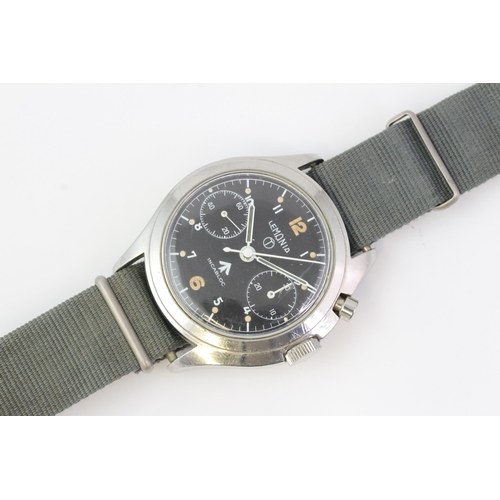 11 - VINTAGE LEMANIA MILITARY MONOPUSHER CHRONOGRAPH CIRCA 1960s, circular black dial with arabic numeral... 