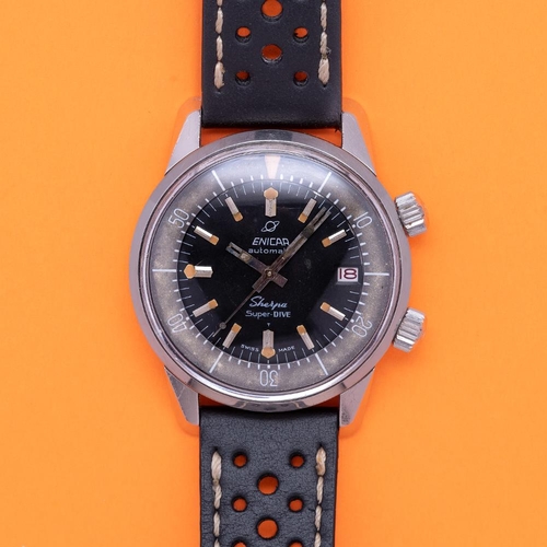 111 - GENTLEMAN'S RARE ENICAR SHERPA SUPER-DIVE, 2342, CIRCA. 1967, 40MM CASE, circular black patina'd dia... 