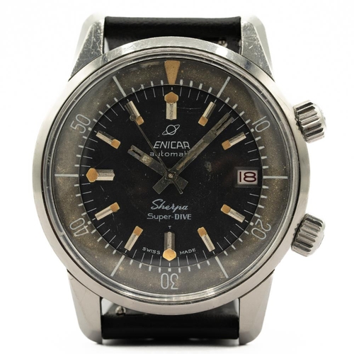 111 - GENTLEMAN'S RARE ENICAR SHERPA SUPER-DIVE, 2342, CIRCA. 1967, 40MM CASE, circular black patina'd dia... 