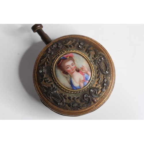 122 - EARLY VERGE GILT POCKET WATCH WITH PORTRAIT CASE BACK, circular white dial with roman and arabic num... 