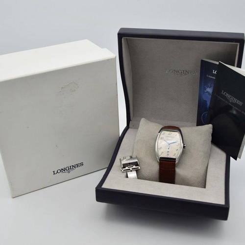 124 - GENTLEMAN'S LONGINES EVIDENZA AUTOMATIC RECTANGULAR, REF. L2.642.4, BOX & BOOKLETS + BUCKLE, CIRCA. ... 