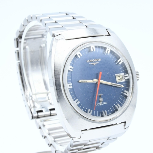 175 - LONGINES LARGE ULTRASONIC DATE TONNEAU WRISTWATCH WITH ELECTRIC BLUE DIAL MODEL 8479 IN STAINLESS ST... 