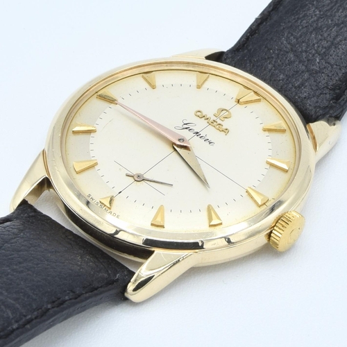 189 - OMEGA GENEVE IN SOLID 9CT GOLD WITH ORIGINAL TWO-TONE DIAL CROSS HAIR DIAL & ARROW BATONS 1956. SERI... 