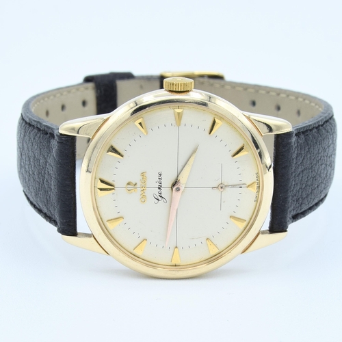 189 - OMEGA GENEVE IN SOLID 9CT GOLD WITH ORIGINAL TWO-TONE DIAL CROSS HAIR DIAL & ARROW BATONS 1956. SERI... 