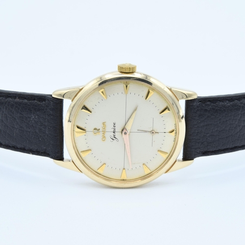 189 - OMEGA GENEVE IN SOLID 9CT GOLD WITH ORIGINAL TWO-TONE DIAL CROSS HAIR DIAL & ARROW BATONS 1956. SERI... 