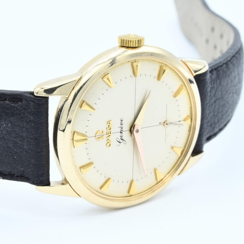 189 - OMEGA GENEVE IN SOLID 9CT GOLD WITH ORIGINAL TWO-TONE DIAL CROSS HAIR DIAL & ARROW BATONS 1956. SERI... 