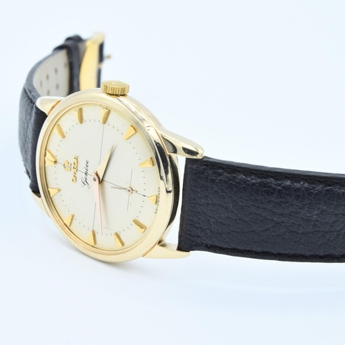 189 - OMEGA GENEVE IN SOLID 9CT GOLD WITH ORIGINAL TWO-TONE DIAL CROSS HAIR DIAL & ARROW BATONS 1956. SERI... 