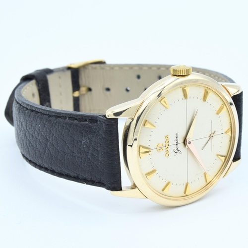 189 - OMEGA GENEVE IN SOLID 9CT GOLD WITH ORIGINAL TWO-TONE DIAL CROSS HAIR DIAL & ARROW BATONS 1956. SERI... 