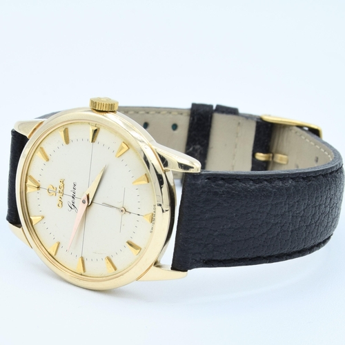 189 - OMEGA GENEVE IN SOLID 9CT GOLD WITH ORIGINAL TWO-TONE DIAL CROSS HAIR DIAL & ARROW BATONS 1956. SERI... 