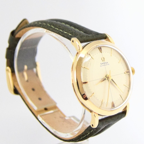 198 - OMEGA AUTOMATIC DRESS WATCH WITH CROSS HAIR DIAL MODEL 13308 IN 9CT GOLD 1958. SERIAL 16468179, REFE... 