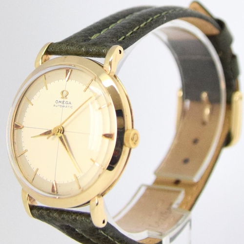 198 - OMEGA AUTOMATIC DRESS WATCH WITH CROSS HAIR DIAL MODEL 13308 IN 9CT GOLD 1958. SERIAL 16468179, REFE... 